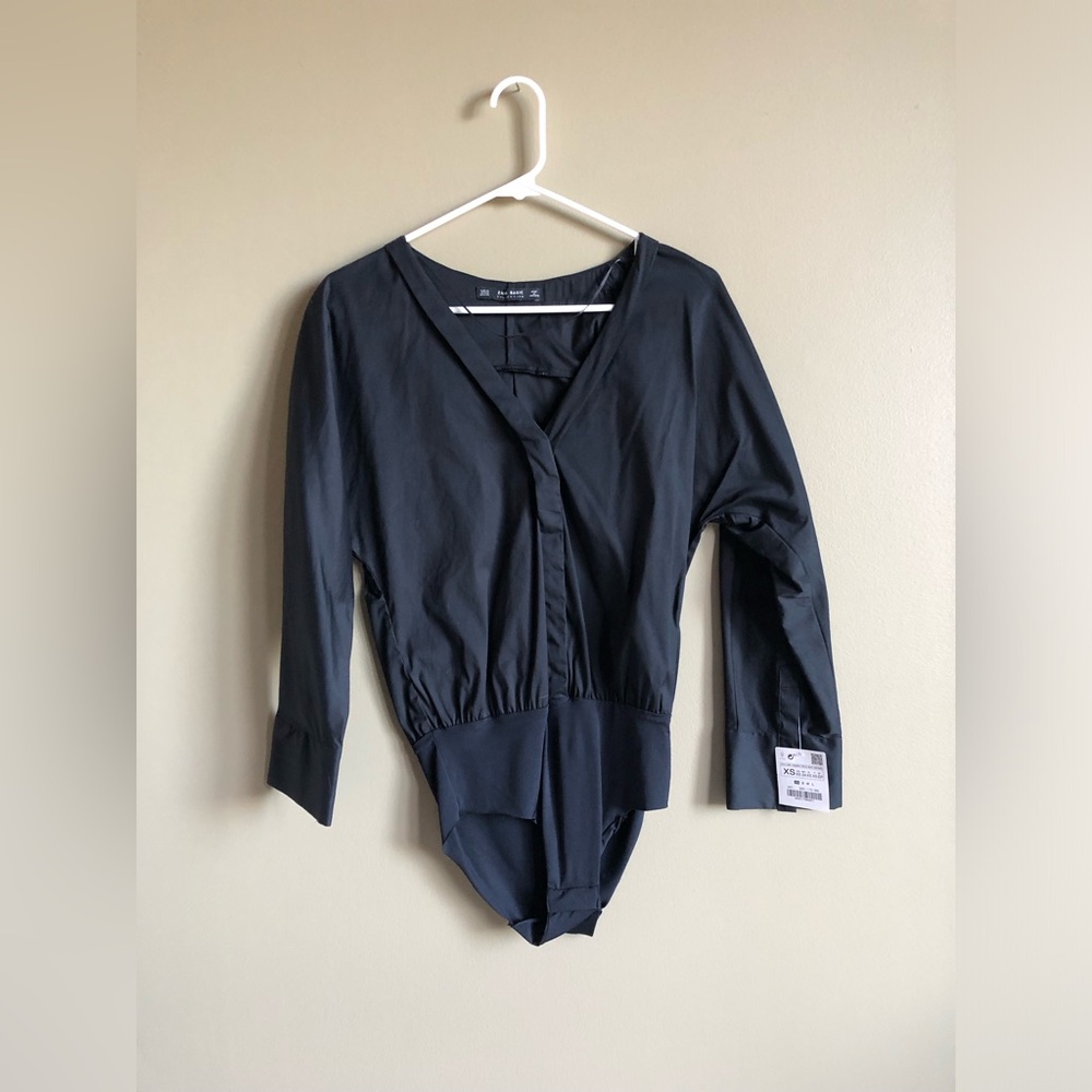 NWT Zara Black V-Neck Button Down Long sleeve BodySuit Size X Small